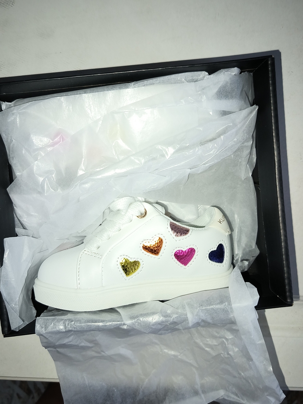 Kurt Geiger White Kids Sneakers with Rainbow Metallic Heart Appliqués